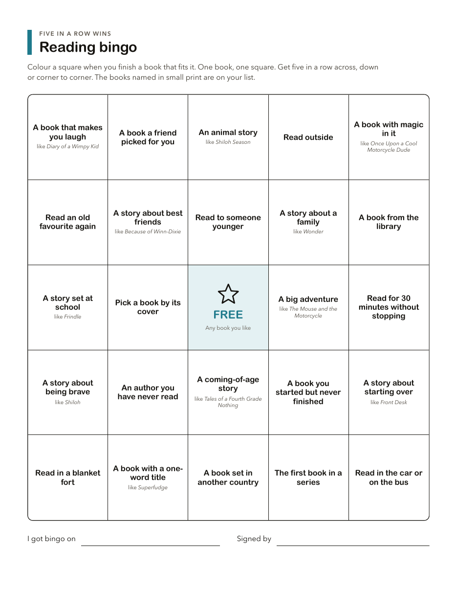 A reading bingo card with 25 squares, several naming a book from the list