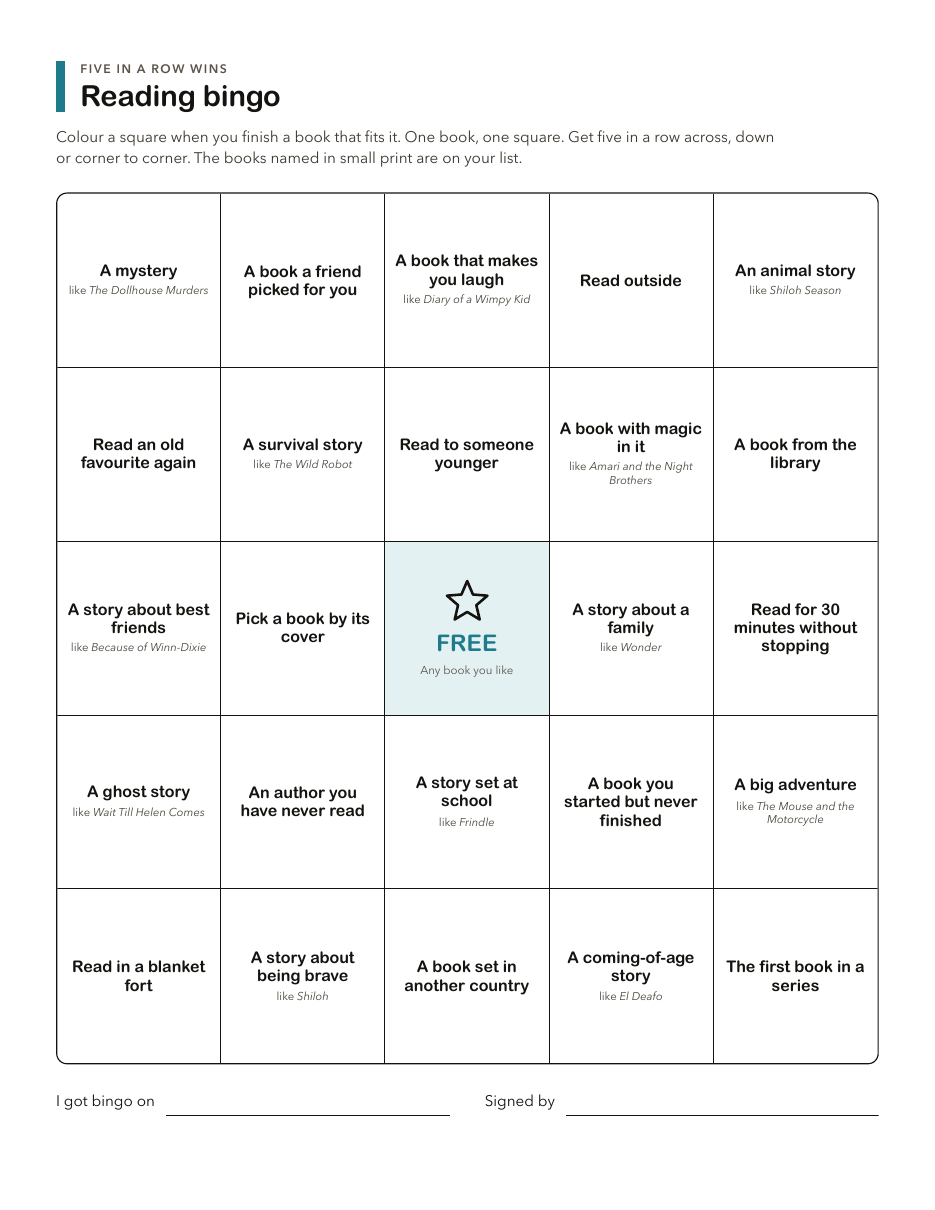 A reading bingo card with 25 squares, several naming a book from the list