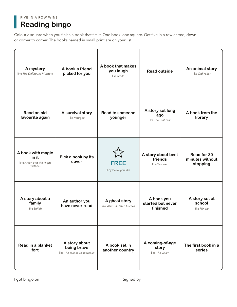A reading bingo card with 25 squares, several naming a book from the list