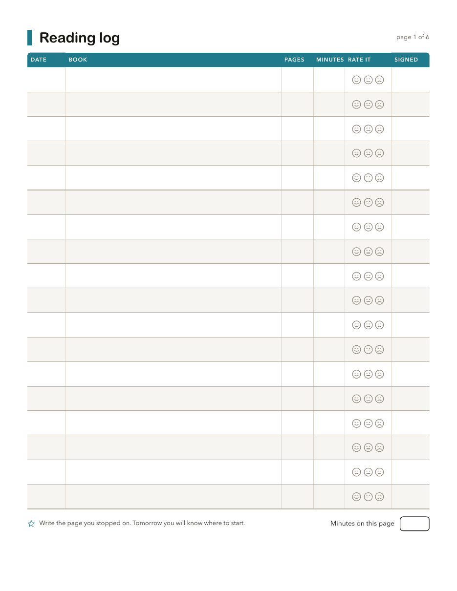 A reading log page with columns for date, book, pages, minutes, a face to circle and a signature