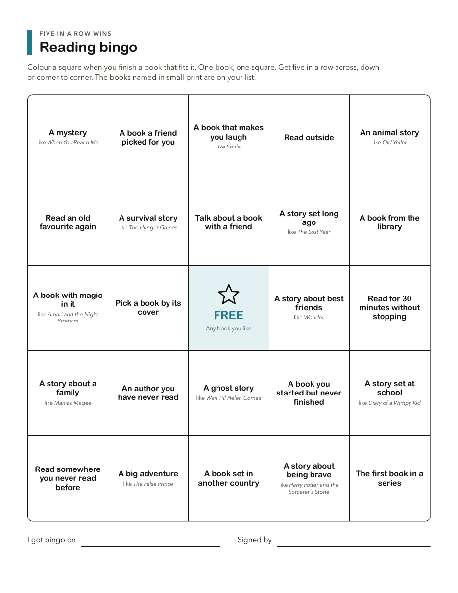 A reading bingo card with 25 squares, several naming a book from the list