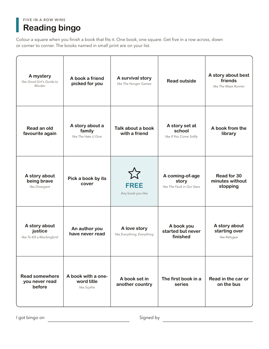 A reading bingo card with 25 squares, several naming a book from the list