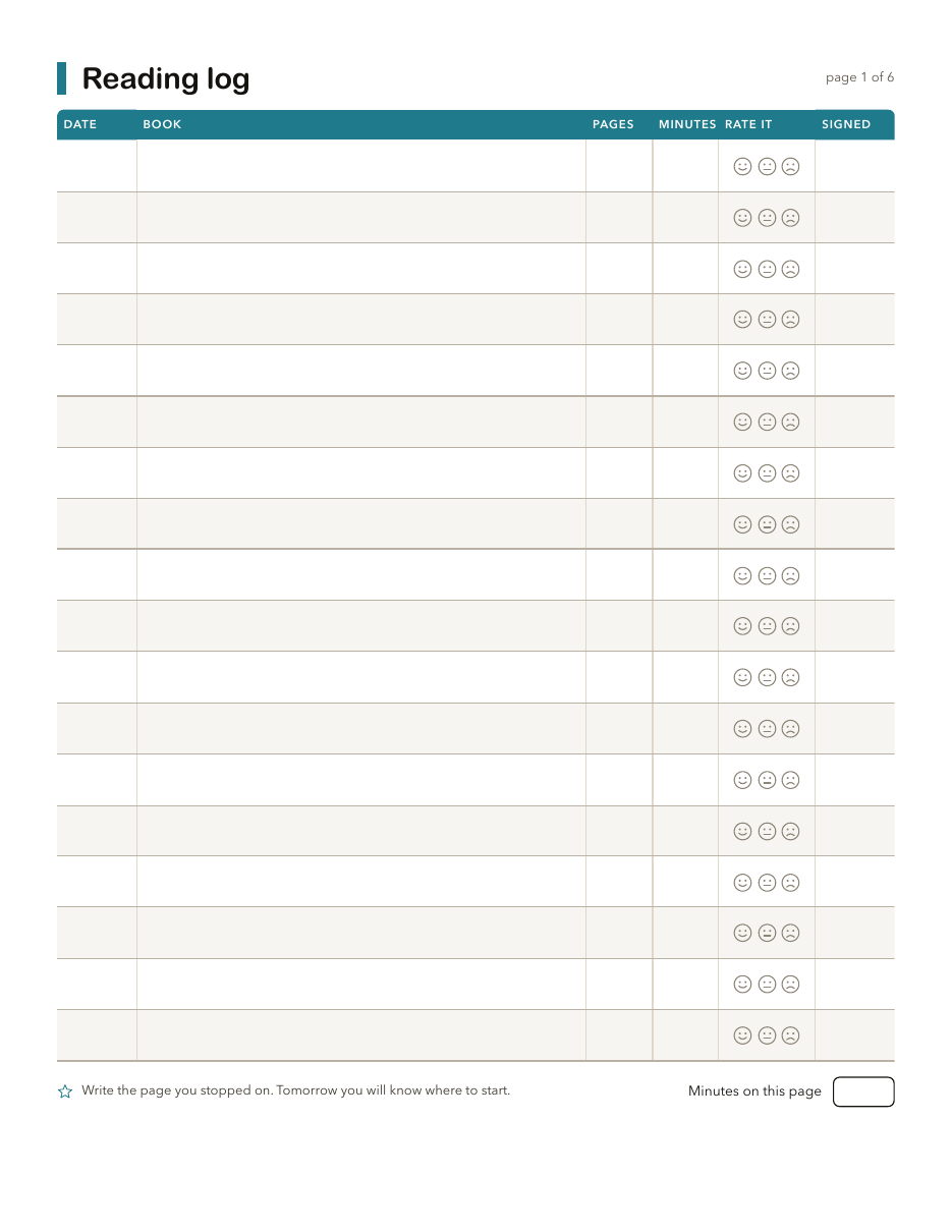 A reading log page with columns for date, book, pages, minutes, a face to circle and a signature
