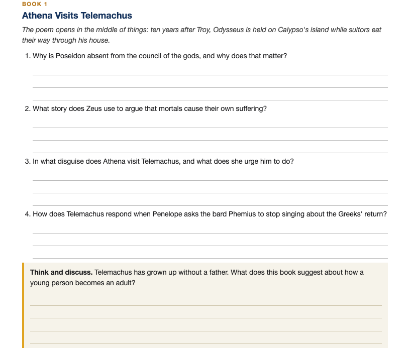 A question page from the The Odyssey Study Pack