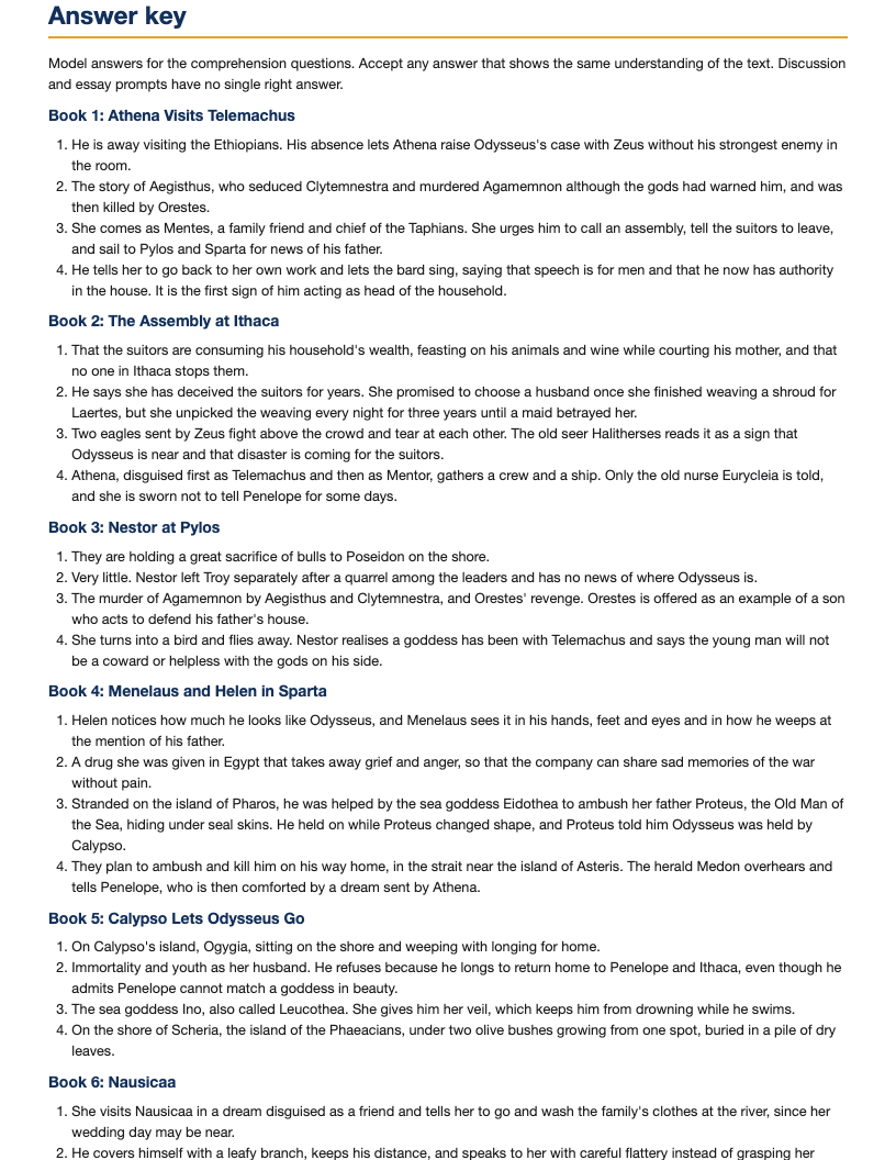 The answer key page from the The Odyssey Study Pack